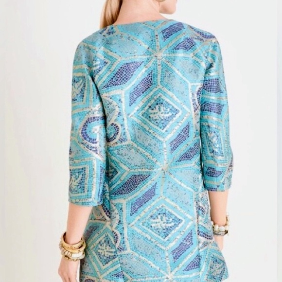 Chico’s teal blue gold mosaic print jacquard topper jacket blazer new nwt 2 L - Picture 2 of 6